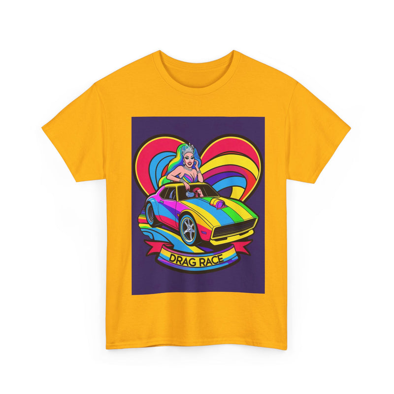 Unisex Heavy Cotton Tee - Retro Drag Race Graphic Tee, Fun Summer Shirt, LGBTQ+ Pride Apparel, Car Enthusiast Gift