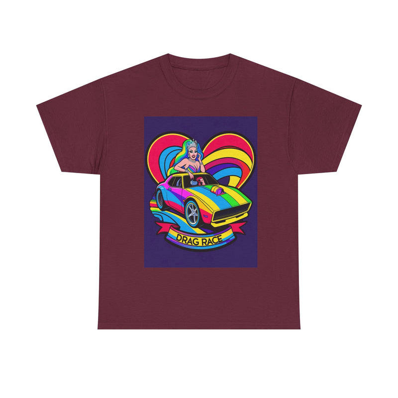 Unisex Heavy Cotton Tee - Retro Drag Race Graphic Tee, Fun Summer Shirt, LGBTQ+ Pride Apparel, Car Enthusiast Gift