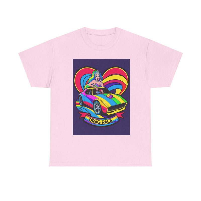 Unisex Heavy Cotton Tee - Retro Drag Race Graphic Tee, Fun Summer Shirt, LGBTQ+ Pride Apparel, Car Enthusiast Gift