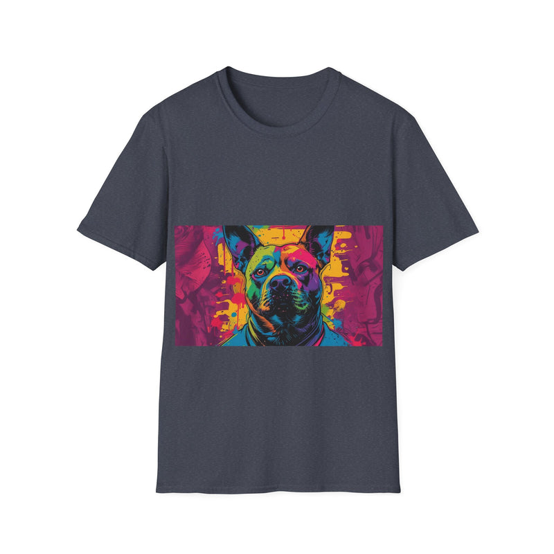 Colorful Dog Art Unisex Softstyle T-Shirt, Pet Lover Gift, Casual Wear, Unique Animal Tee, Vibrant Graphic T-Shirt