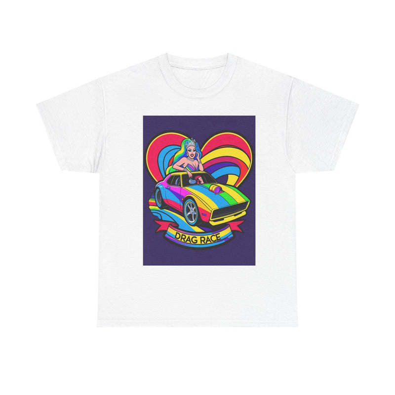 Unisex Heavy Cotton Tee - Retro Drag Race Graphic Tee, Fun Summer Shirt, LGBTQ+ Pride Apparel, Car Enthusiast Gift