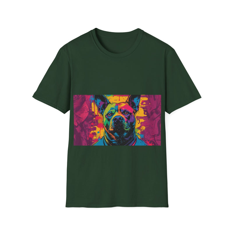 Colorful Dog Art Unisex Softstyle T-Shirt, Pet Lover Gift, Casual Wear, Unique Animal Tee, Vibrant Graphic T-Shirt