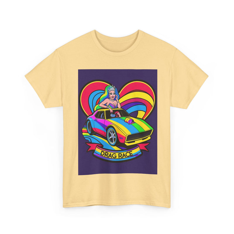 Unisex Heavy Cotton Tee - Retro Drag Race Graphic Tee, Fun Summer Shirt, LGBTQ+ Pride Apparel, Car Enthusiast Gift