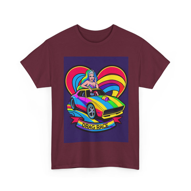 Unisex Heavy Cotton Tee - Retro Drag Race Graphic Tee, Fun Summer Shirt, LGBTQ+ Pride Apparel, Car Enthusiast Gift