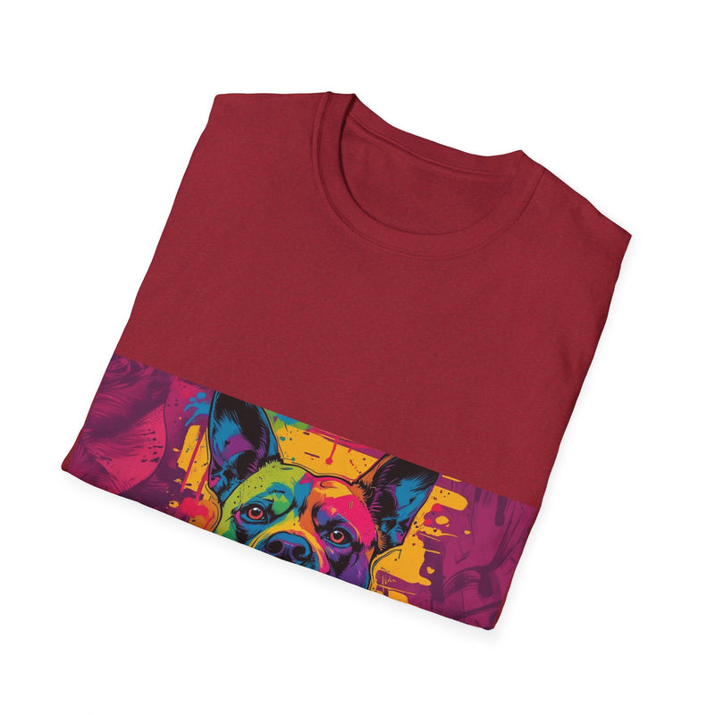 Colorful Dog Art Unisex Softstyle T-Shirt, Pet Lover Gift, Casual Wear, Unique Animal Tee, Vibrant Graphic T-Shirt